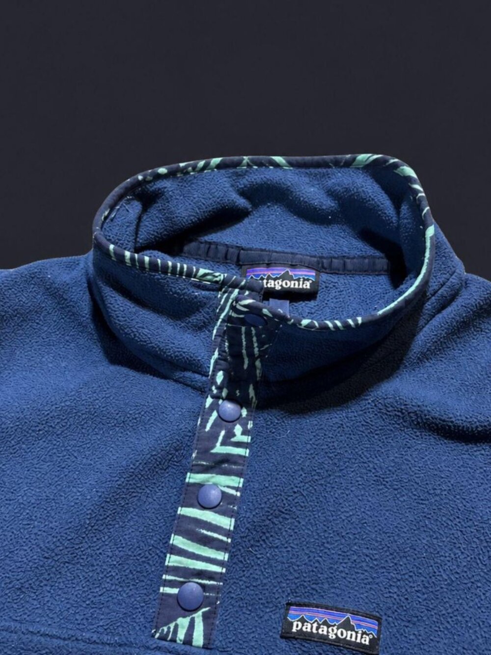 Patagonia Navy Patterned Collar Snap Neck Fleece Pullover L/XL